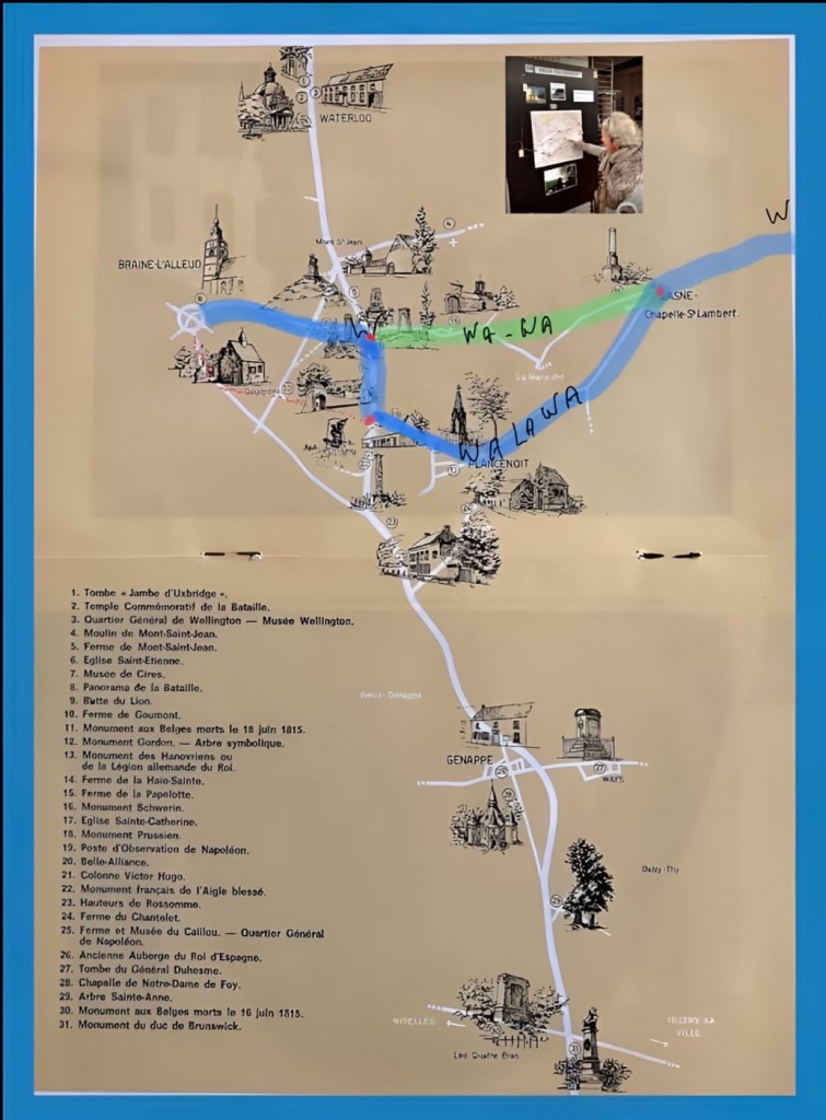Plan des deux parcours Ravel sur Lasne .En bleu celui de l’ancien parcours du vicinal et en vert l’actuel tracé du Ravel choisi par la commune . Les deux parcours sont intéressants puisque l’un traverse la commune sur la crête et l’autre ( vicinal) dans la vallée .
